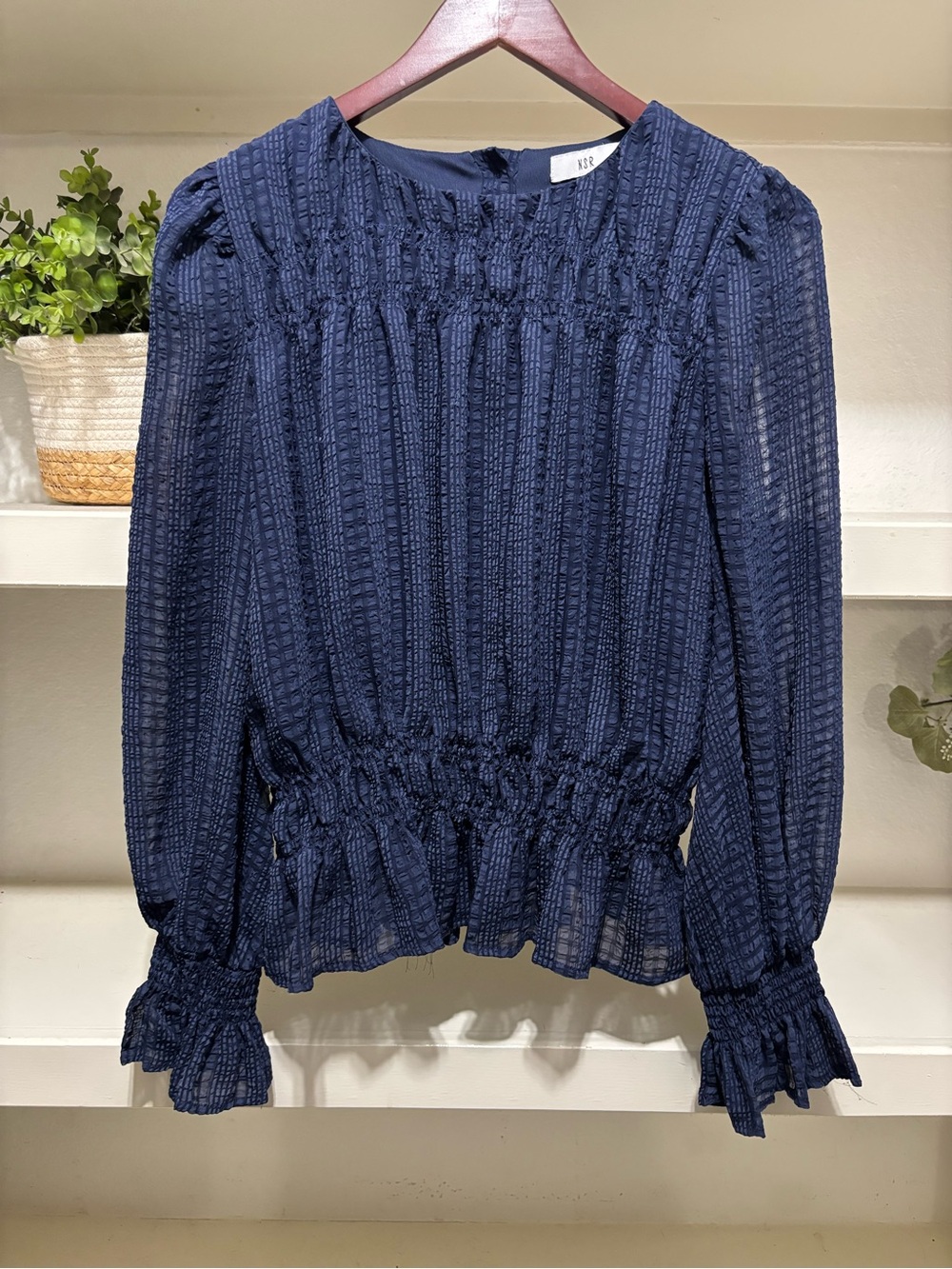 NSR Navy Textured Smocked Waist Long-Sleeve Blouse